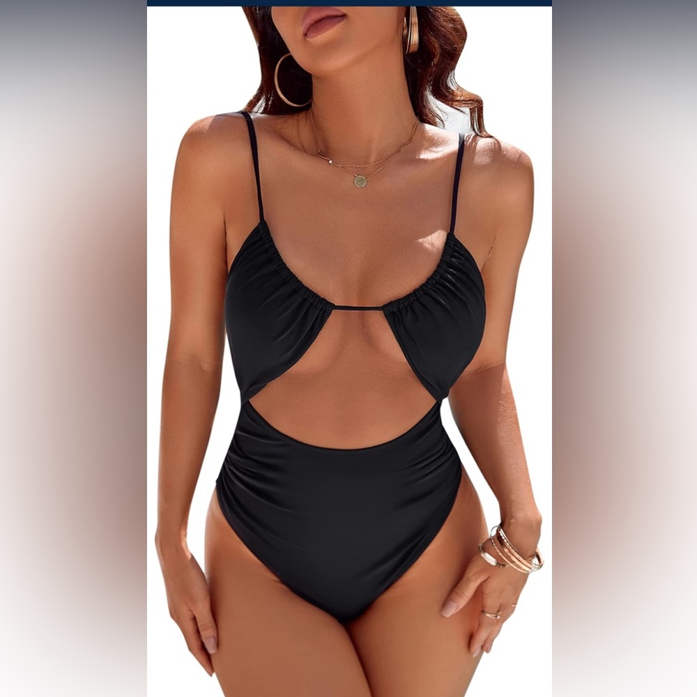Blooming Jelly,M&L Black,Womens 1 Pc Tummy Control Bathing Suit, Cheeky High Cut